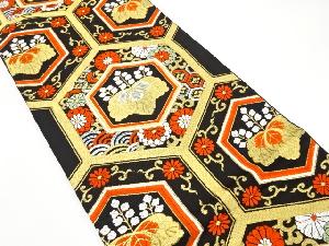 アンティーク　亀甲に桐・菊・青海波模様織り出し袋帯（着用可）